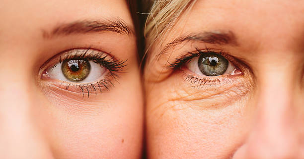 Close up on eyes of mother and daughter faces next to one another